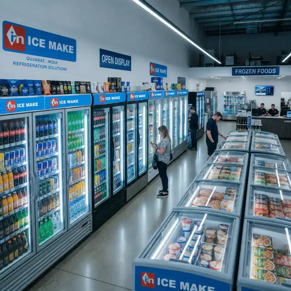 Commercial refrigeration showroom with beverage coolers and freezers